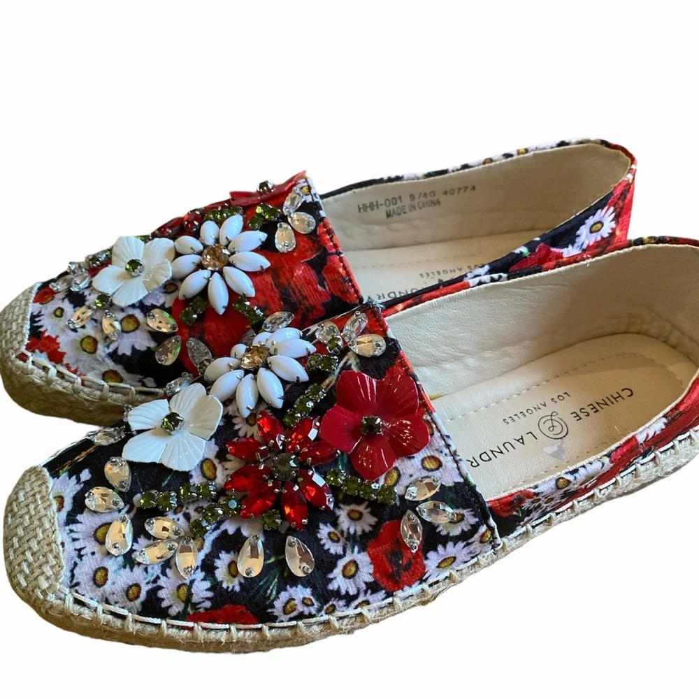 Chinese‎ Laundry Women's Hayden Ballet Flat Red Floral US Size 9 Beaded Eclectic
